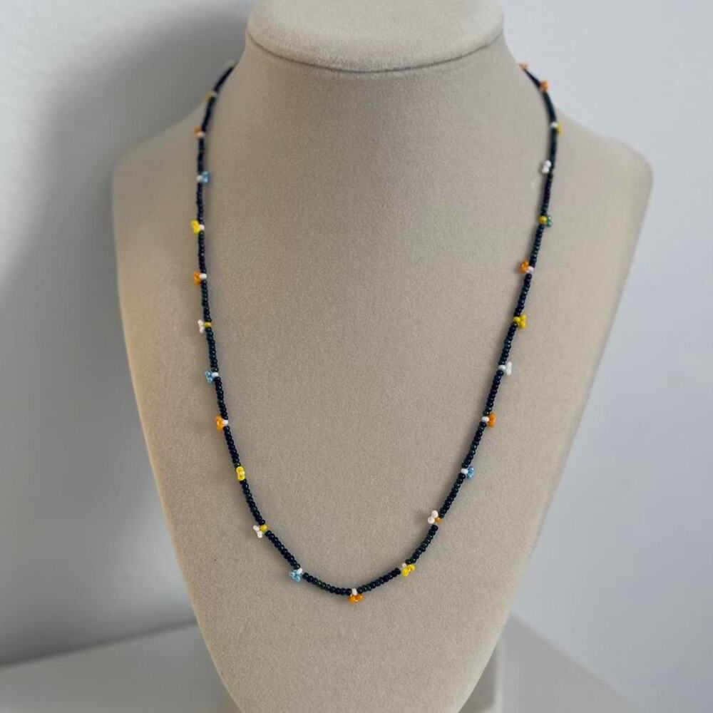 Black Beaded Necklace Yellow White Beads Handmade Unique Artisan Jewelry Gift - Picture 2 of 3